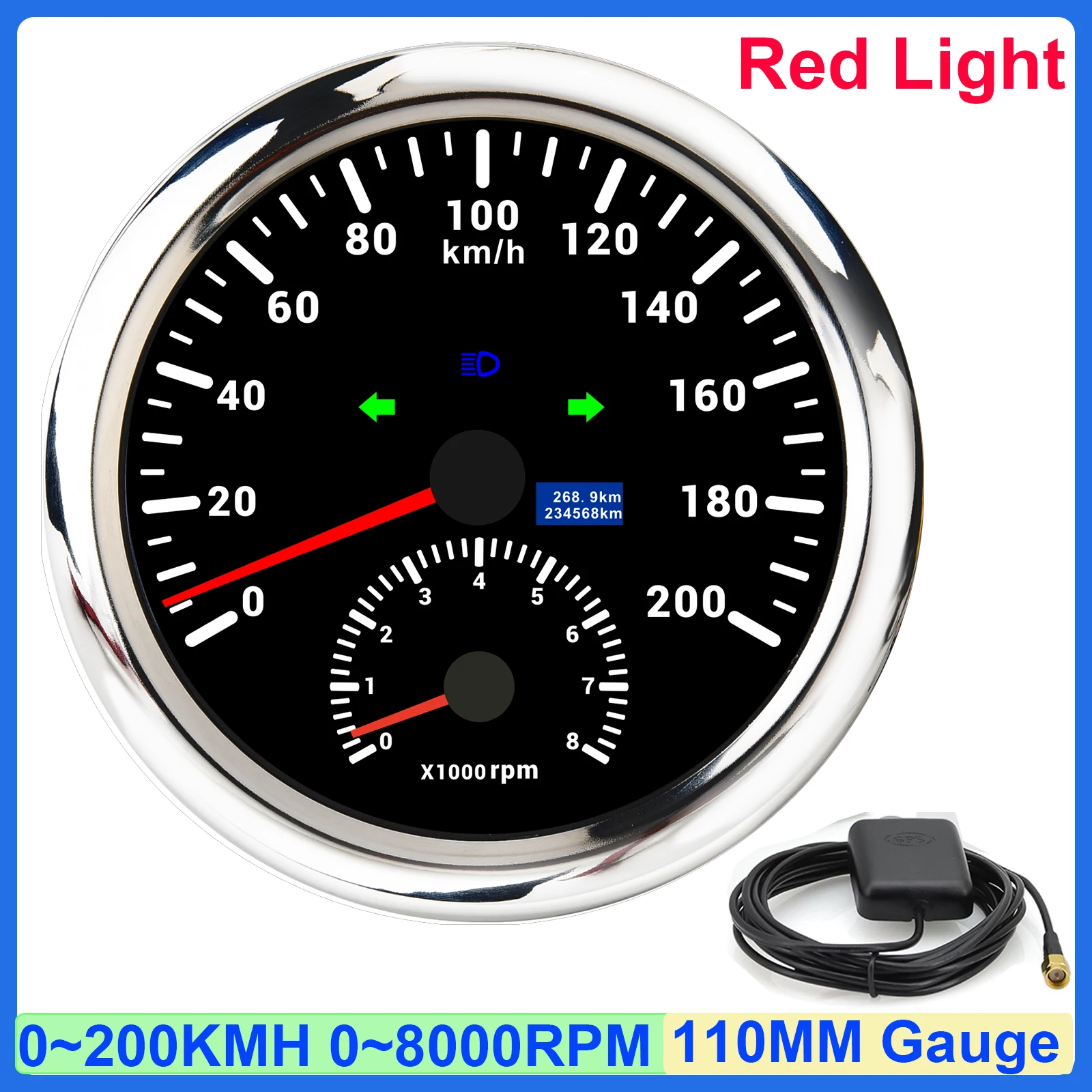 

2 в 1, датчик 110 мм, 120 км/ч, 200 км/ч, GPS-спидометр + тахометр, указатель поворота 0 ~ 8000 об/мин с GPS-антенной, пробег, автомобиль, лодка, заказ