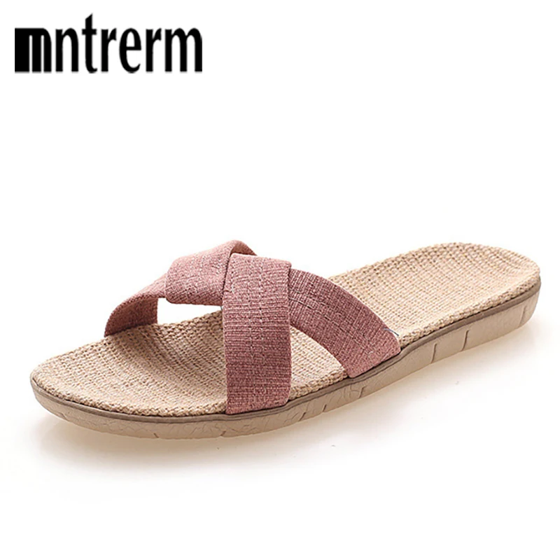 

Mntrerm New Men's Summer Slippers Flats Breathable Linen Casual Sandals Home Bathroom Non-slip Flip Flops Indoor Shoes Pantufa