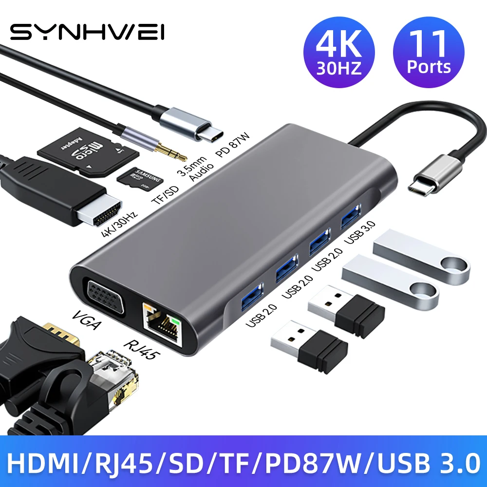 4/11 in 1 USB HUB 3.0 Type C Adapter to 4K HDMI-Compatible VGA RJ45 Lan Ethernet SD/TF 87W PD Dock Station PC Laptop Splitter