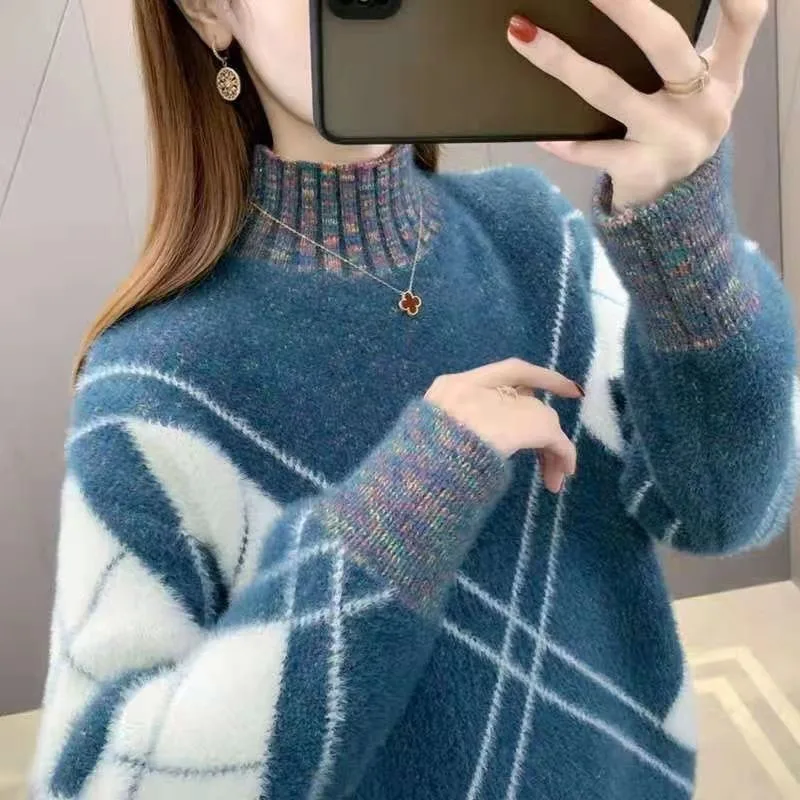 

New Autumn/Winter Fashion Korean Edition Imitation Mink Fleece Thickened High Neck Loose Versatile Western Style Women's Sweater