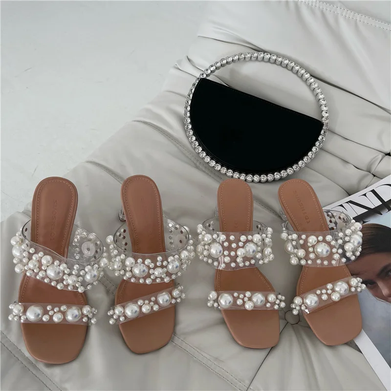 New Transparent PVC String Bead Shoes Woman Fashion Open Toe Slippers Crystal Heels Slides Beach Sandale Ladies  Sandalias