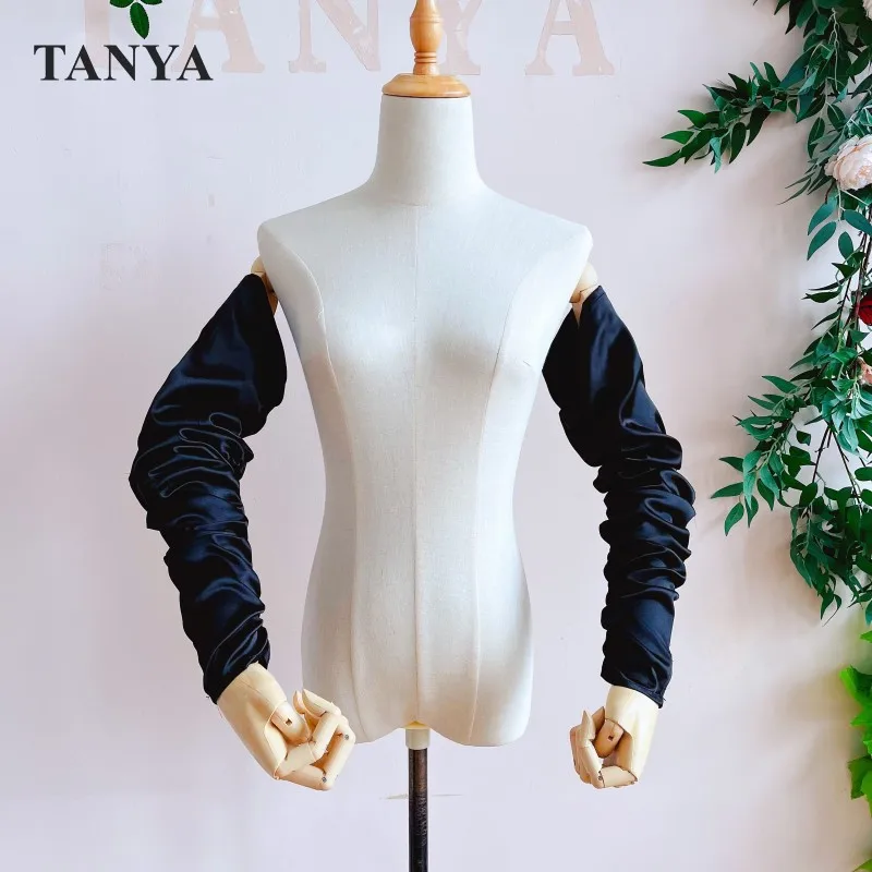 

Silk Black Satin Detachable Sleeves For Wedding Evening Accessories Simple Pleated Charming Fashion Removeable Long Sleeve Chic