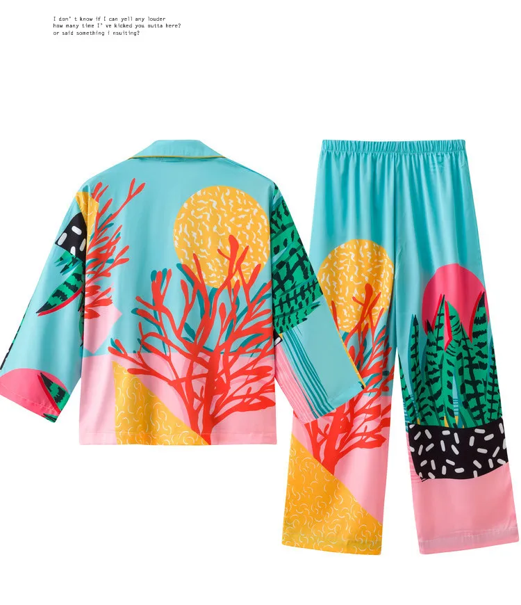Women Pajama Set Hand Drawn Art Tropical Plants Pyjama Set Silk Like Nightwear Spring Home Wear Clothes Sleepwear Homewear