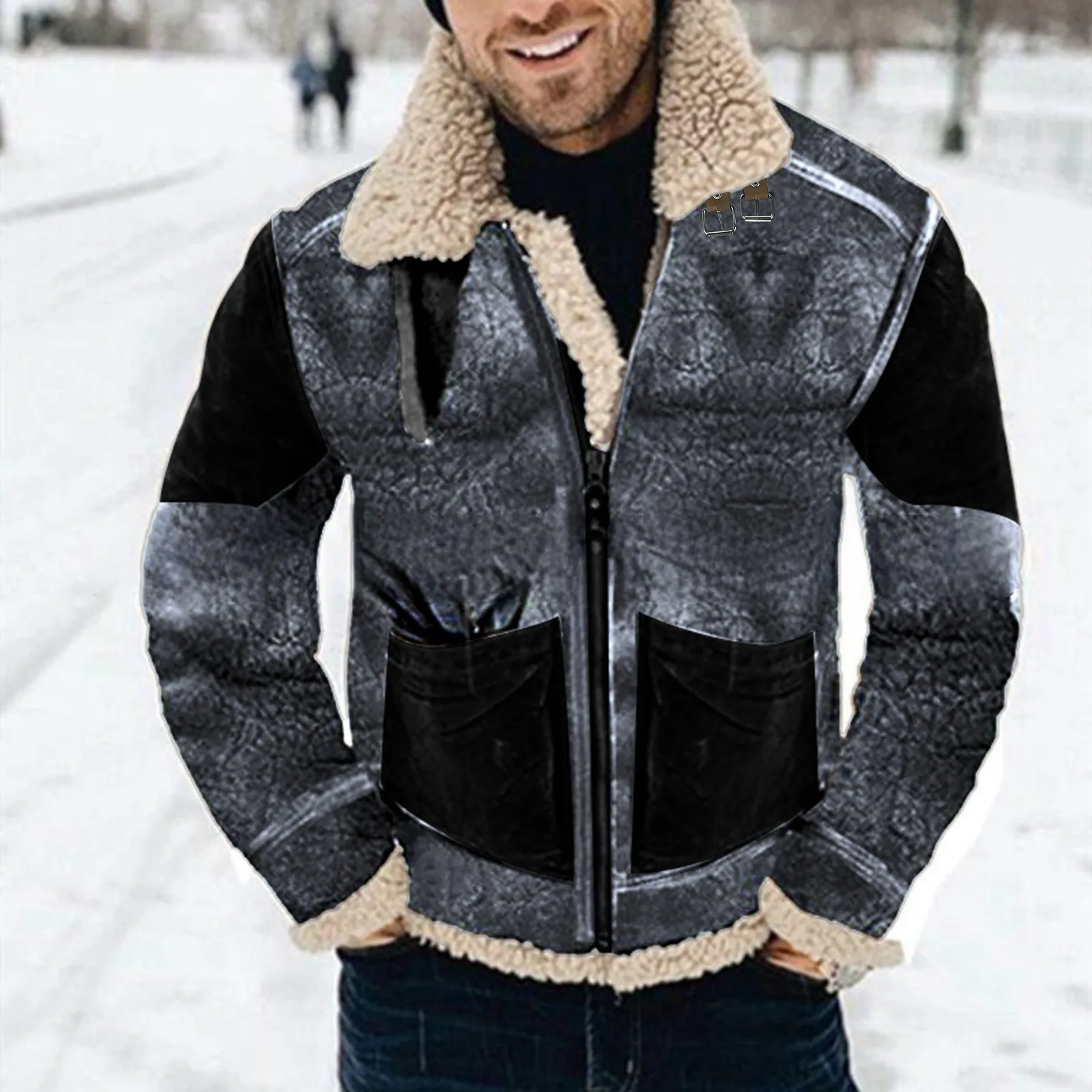 

Men Winter Coat Lapel Collar Long Sleeve Padded Leather Jacket Vintage male Outerwear Cardigan tops Outdoor Clothing