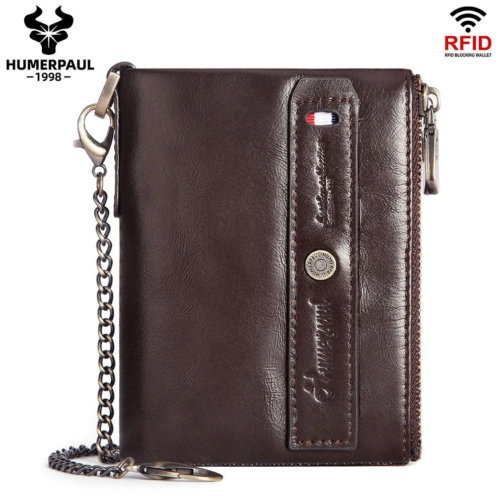 

Genuine Leather Wallet for Men Small Double Zipper Coin Purse Minimalist RFID Blocking Credit Card Holder Luxury Male Carteras