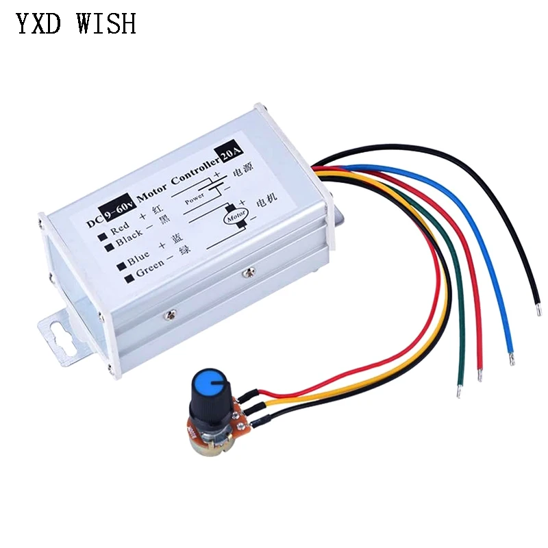 

Регулятор скорости двигателя постоянного тока 9-60 В, 9 В, 12 В, 24 В, 36 В, 48 В, 60 В, 20 А, ШИМ-регулятор скорости двигателя, привод высокой мощности 0-1200 Вт, регулируемый ток