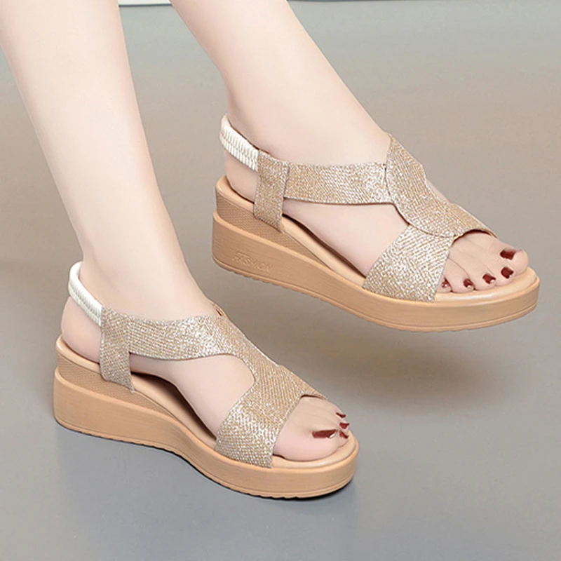 Rhinestones Women Bling Sandals Wedge New Fashion Roman Hollow Large Sizes Sandals Women Women's Summer Female Sandals