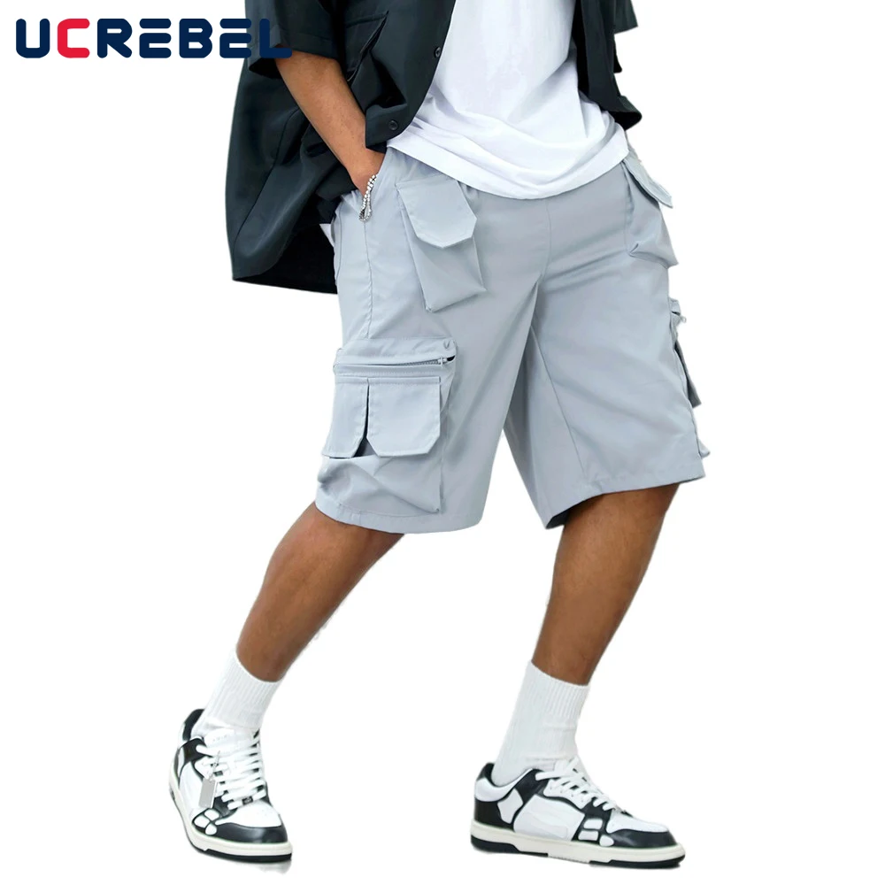 

Multi-Pocket Cargo Shorts Mens High Street Summer Solid Color Casual Shorts Streetwear Loose Elastic Waist Knee-length ShortsMen
