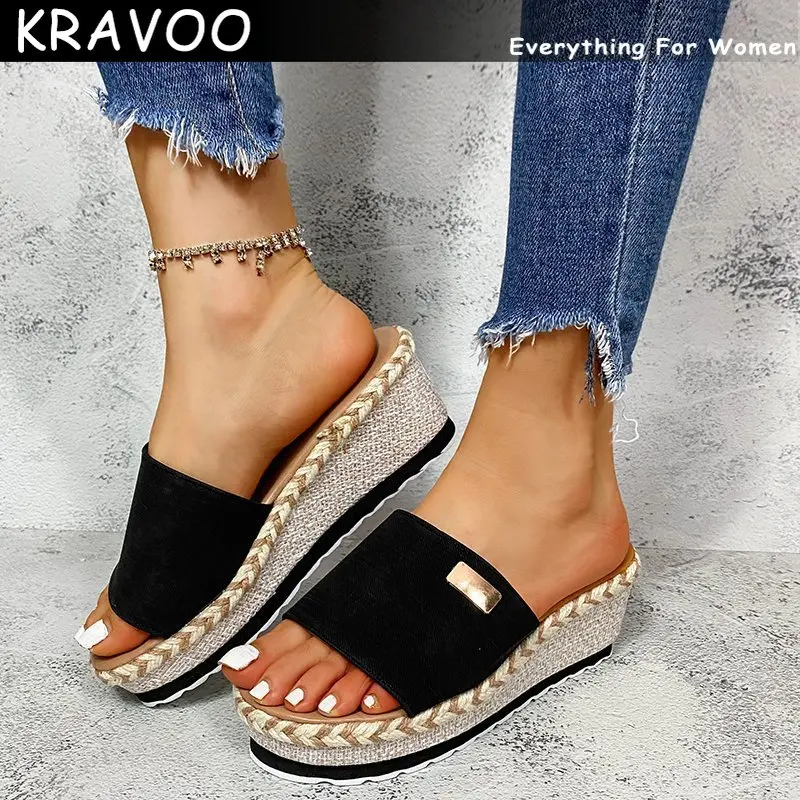 

KRAVOO Wedges Women Shoes Platform Casual Slippers Women's Sandals Braided Detail Linen Women's Slipper Outdoor Peep Toe 2023