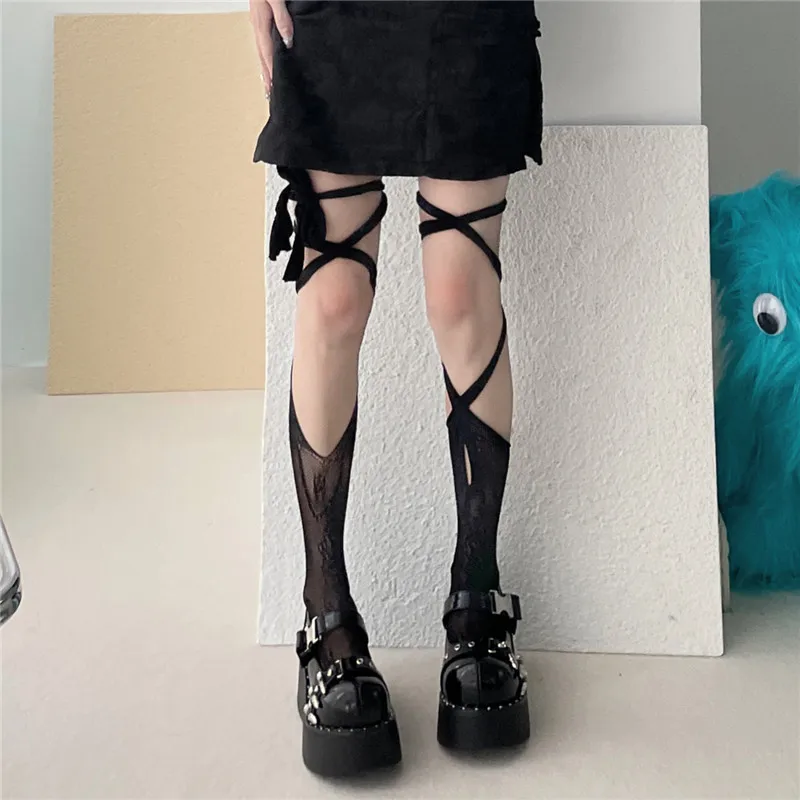 Japanese Lolita In Thin Tube Fishnet Stockings With Hollow Out Irregular Bind Each Toe Socks Asymmetric Jk Calf Socks