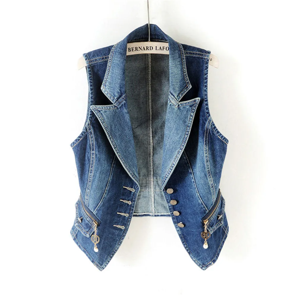 

Casual Female Tops Women Denim Vest Jacket Spring Autumn Clothes Sleeveless Short Jeans Waistcoats Single-Breasted