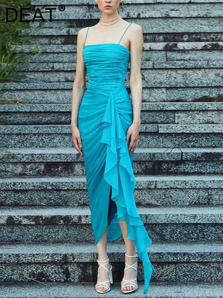 

[DEAT] new slim asymmetric folds ruffled fashion design dress elegant evening party suspender dresses women 2023 spring 13DB850