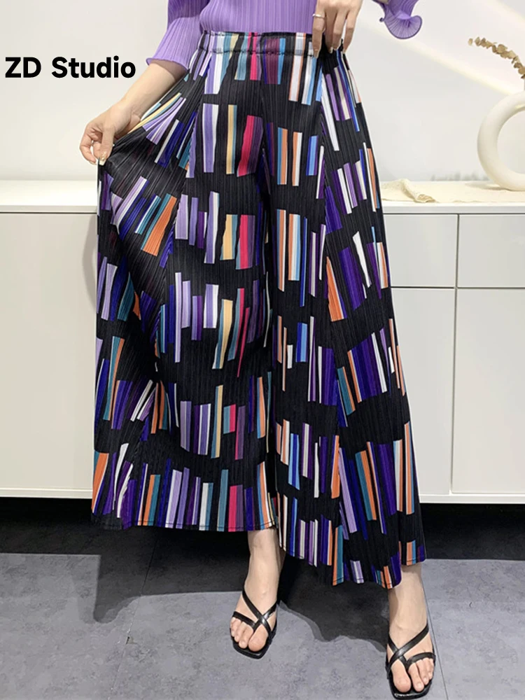 

[ZD Studio] Printed Pleated Pants For Women High Elastic Waist Straight Wide Leg Trousers Female Clothing 2023 Summer New