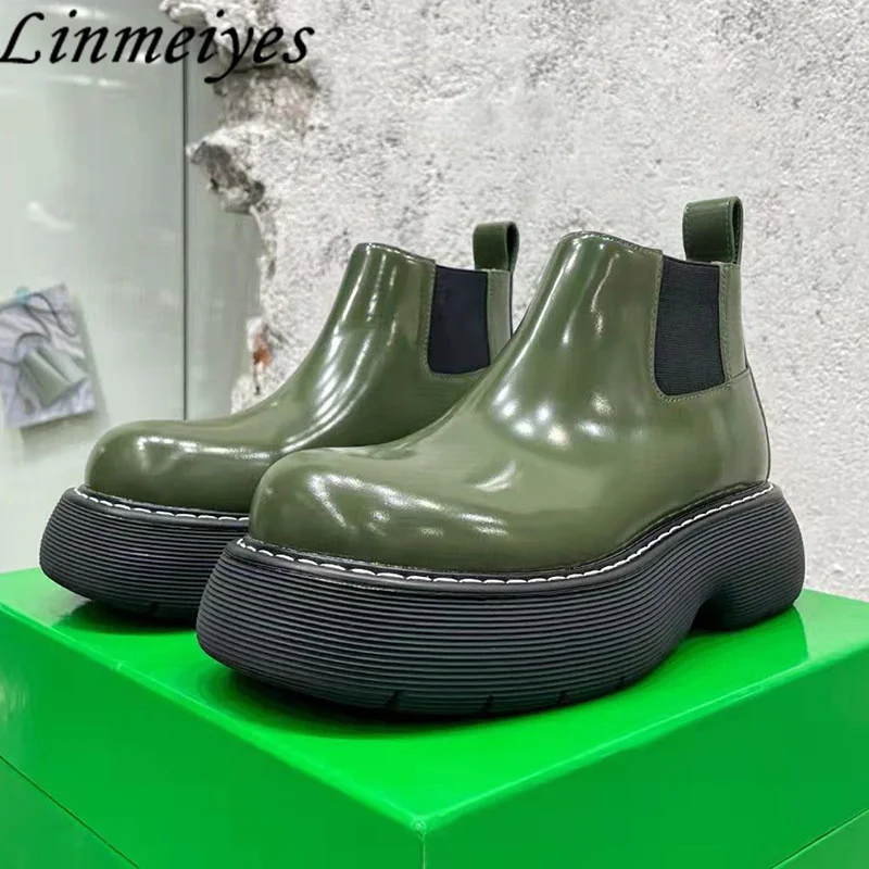 

Genuine Leather Chelsea Boots Woman Round Toe Slip-on Motorcycle Boots Flat Platform Shoes Women Thick Sole Ankle Boots Women