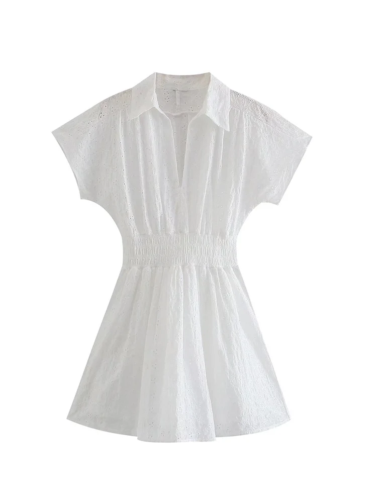 

2022 Summer Women Mini Dress Vintage White Elastic waist Hollow Out Embroidery Female Elegant Street Dresses Clothing