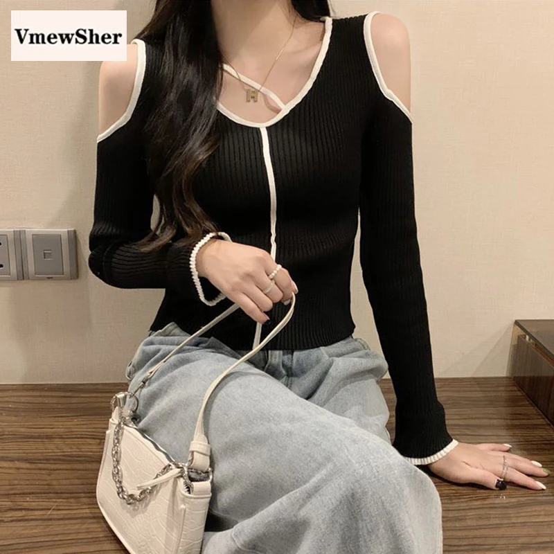 

VmewSher New Spring Women Sweater Off Shoulder Korean Jumper Top Slim V Neck Flare Sleeve Sweet Knit Pullover Contrast Color