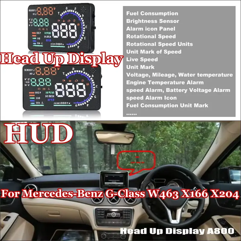 Фото Для Mercedes-Benz G-Class W463, GL-Class X166, GLK-Class X204 (2000-2025) — Автомобильный HUD-дисплей (проекционный на лобовое стекло) с цифровым OBD-подключением №1