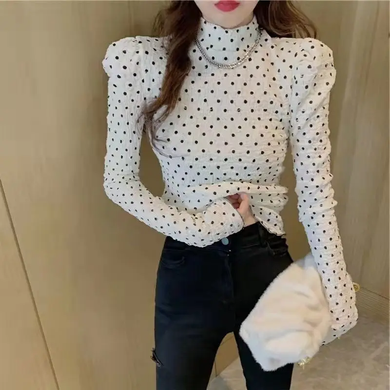 

Clothes 2023 Autumn Fashion Women Chiffon Shirts Long Sleeve Polka Dot Women Blouses Casual Half High Collar Women Tops E992