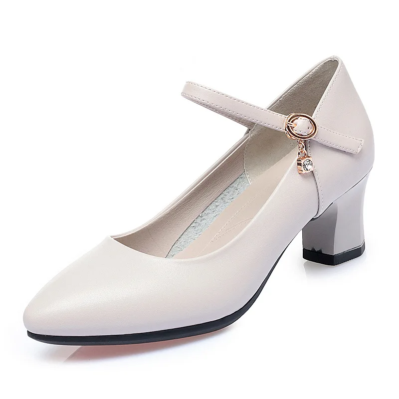 2023 Spring And Autumn New Middle-Aged Mother Single Shoes Soft Leather Women'S Medium Heel Thick Heel Dancing Women'S Leather