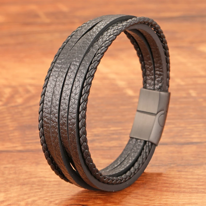 

Wholesale Stainless Steel Men's Multi-layer Leather Bracelet Magnetic Clasp For Friend Fashion Jewelry Gifts Free Shipping