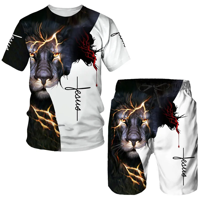 

Summer 3D Lion Cross Printed Men's T-Shirt/Shorts/Suit Short Sleeve Jesus Love Everone Christian Street Wear 2 Pcs Tracksuit Set