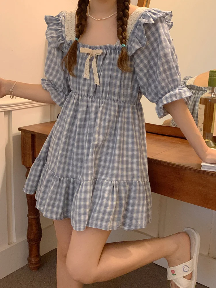 Свободная клетчатая полосатая летняя Пижама с коротким рукавом комплект для