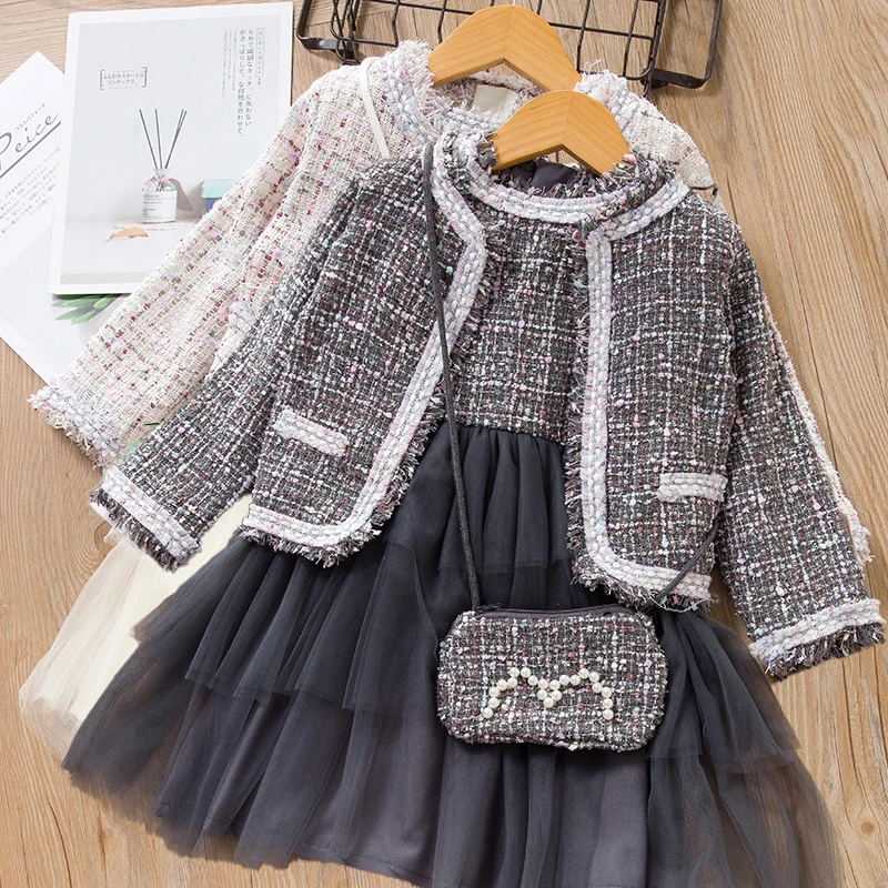 

2023 Autumn Baby Girls Cute Princess Layered Dress Set New Skirt Suit Kid Children Clothing Outfit Sweet Coat+dress+handbag 3Pcs