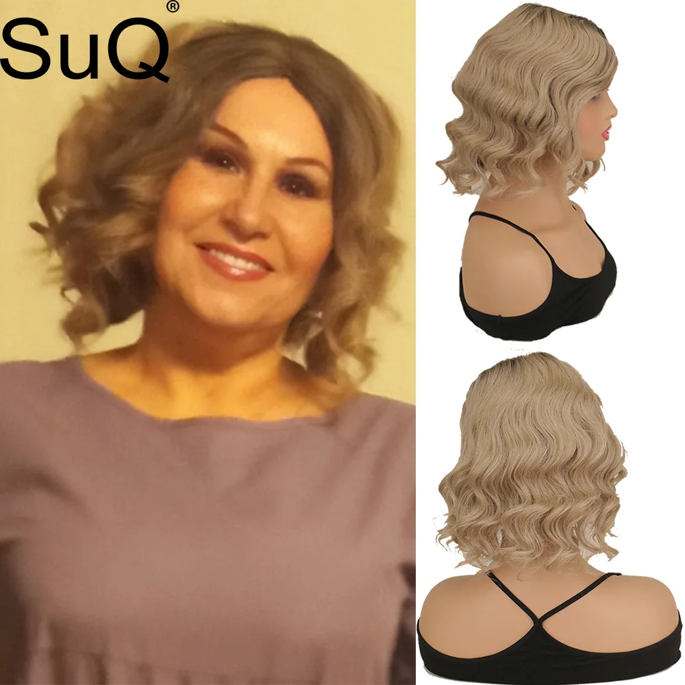 

Женский короткий смешанный парик SuQ из естественного блондинка, многослойные вьющиеся белые африканские синтетические волосы для стрижки, ...