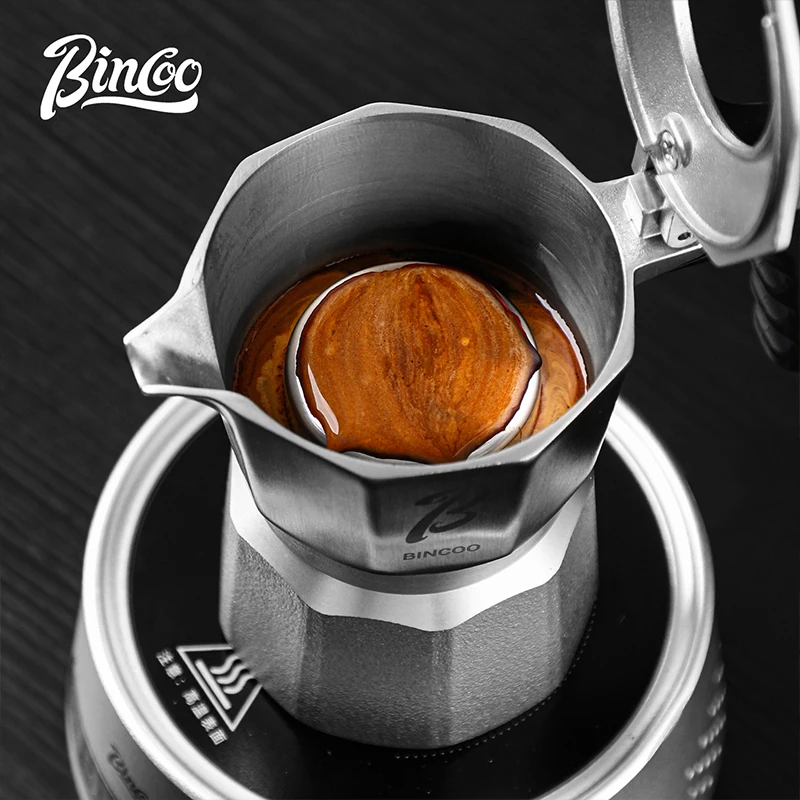 Фото Кофеварка Bincoo Moka Pot с двойным клапаном, 120 мл, на 2 чашки, для приготовления эспрессо на плите, итальянская кофеварка с деревянной ручкой, для получения насыщенной крема-пены №2