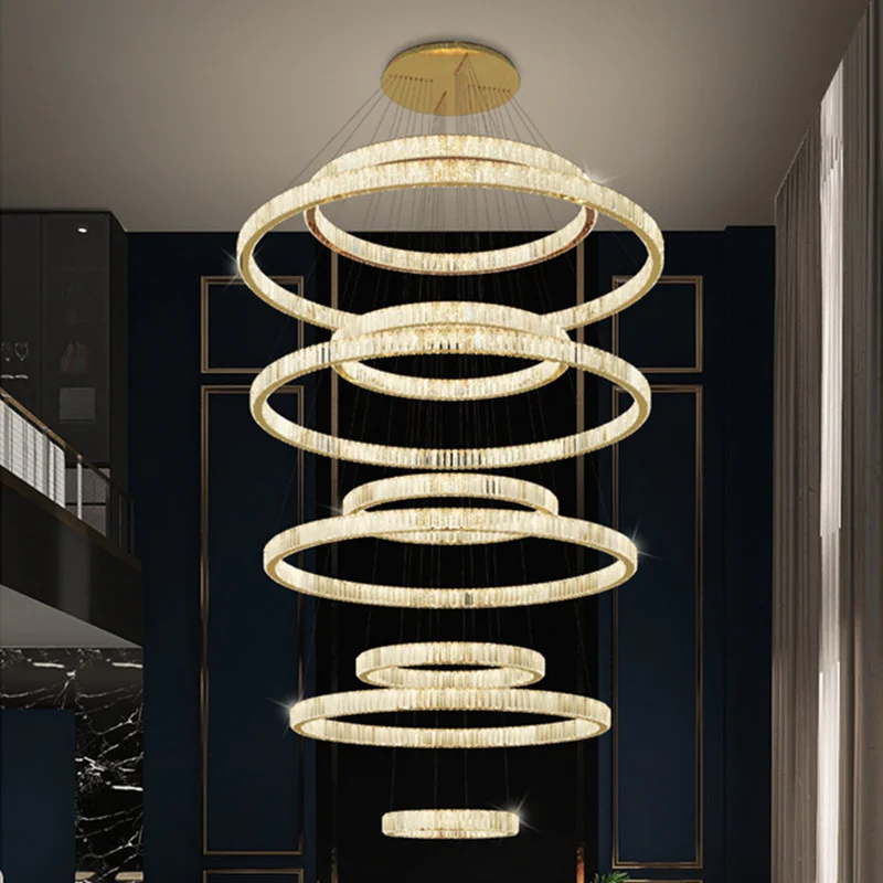 

Pendant Lamp Hotel Hall Luxury K9 Crystal Led Dimmable Gold/Chrome Steel Lustre Circles Hanging Lamp Villa Stairs Lamp Fixture
