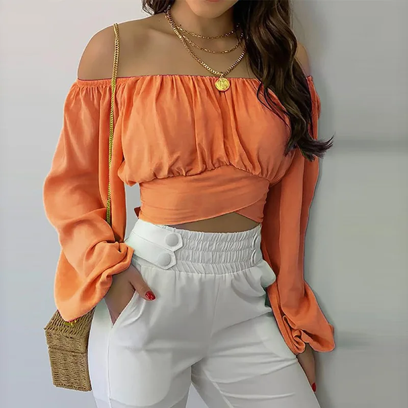 

Women Blouse Top Sexy Solid Flower Print Slim Fit Pleated Blouse Women Off-Shoulder Backless Slash Neck Lantern Sleeve Short Top