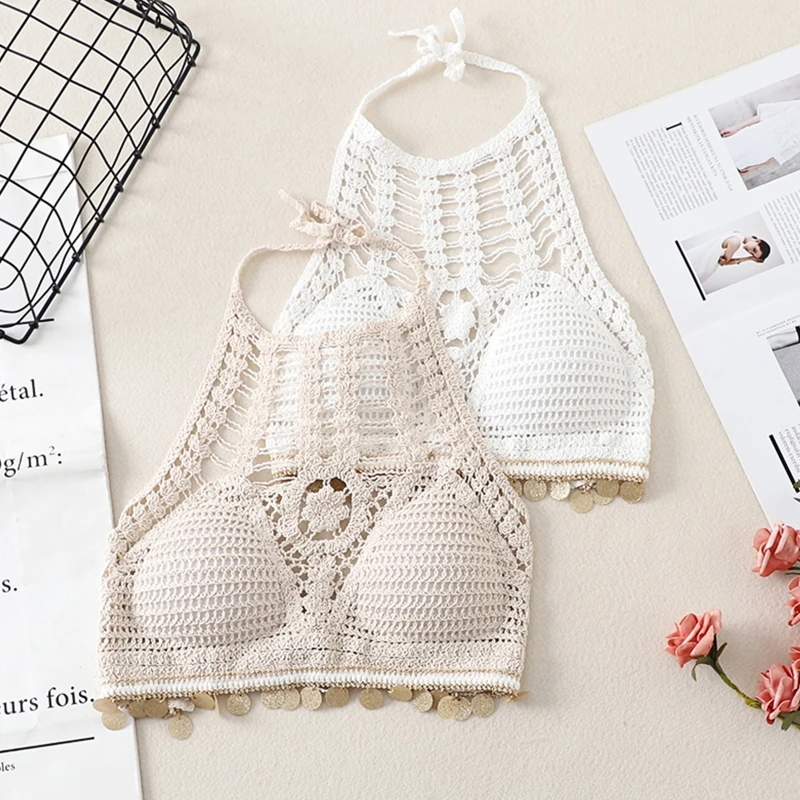 

Women Hollow Crochet Halter Bikini Bra Sexy Backless Knit Padded Camisole Shiny Round Sequins Tassels Hem Beach Bustier корсет