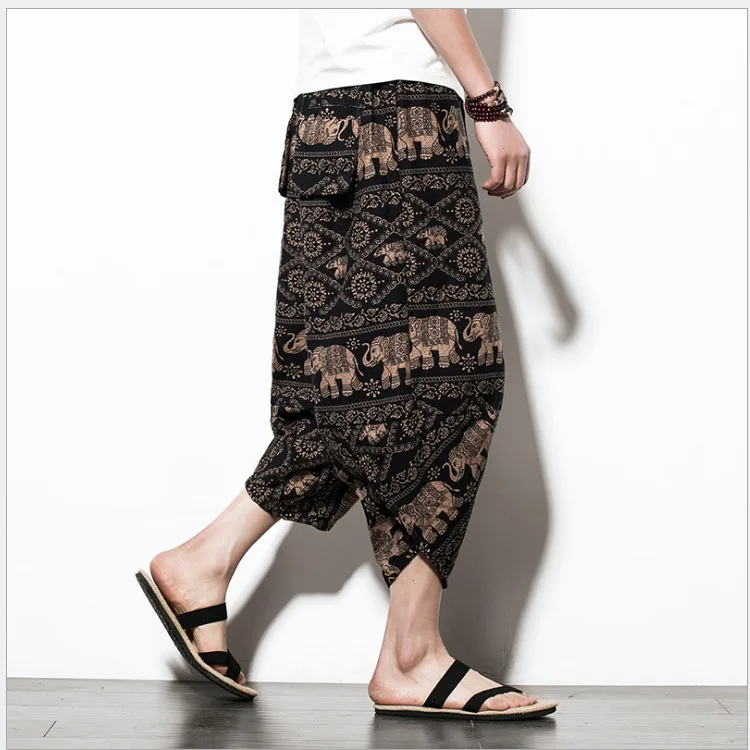 

Summer Europe and the United States personality cotton and linen loose wide-legged pants retro print seven-point casual pants