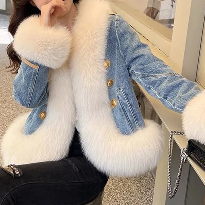 Fox down denim overcomes women's 2022 new style, thickened inner liner, plush denim coat, fashionable and young style