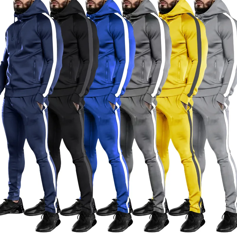 

European and American Men's New Men's Autumn and Winter Suits Hooded Stitching Running Training Fitness Youth Sports Suits Men