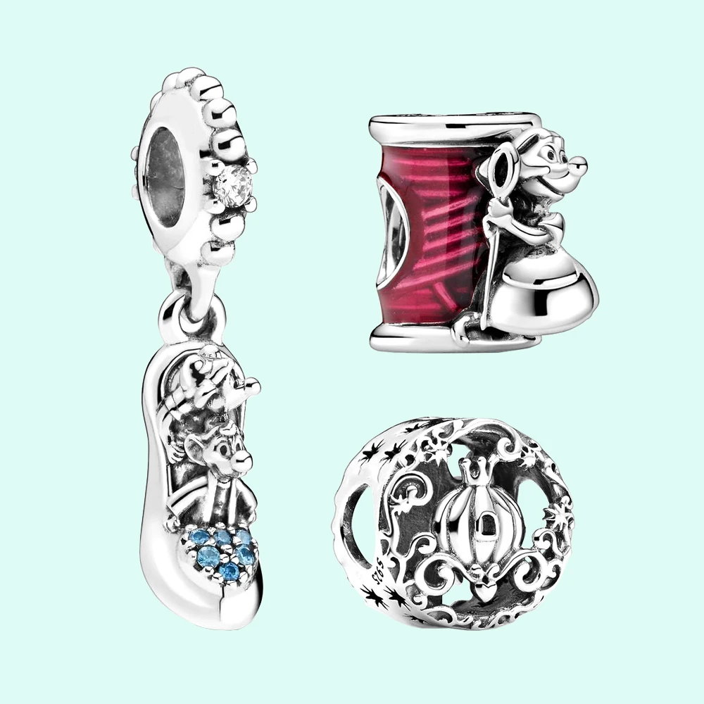 Pandora 925 Silver Thème Cendrillon Suzy Mouse et lework grossier, pantoufle en verre et souris, perles de Aliments de minuit pour bracelet femme bricolage