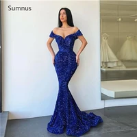 sumnus vintage royal blue slim mermaid prom dresses off the shoulder sparkly long robe de soiree femme 2022 evening gown new