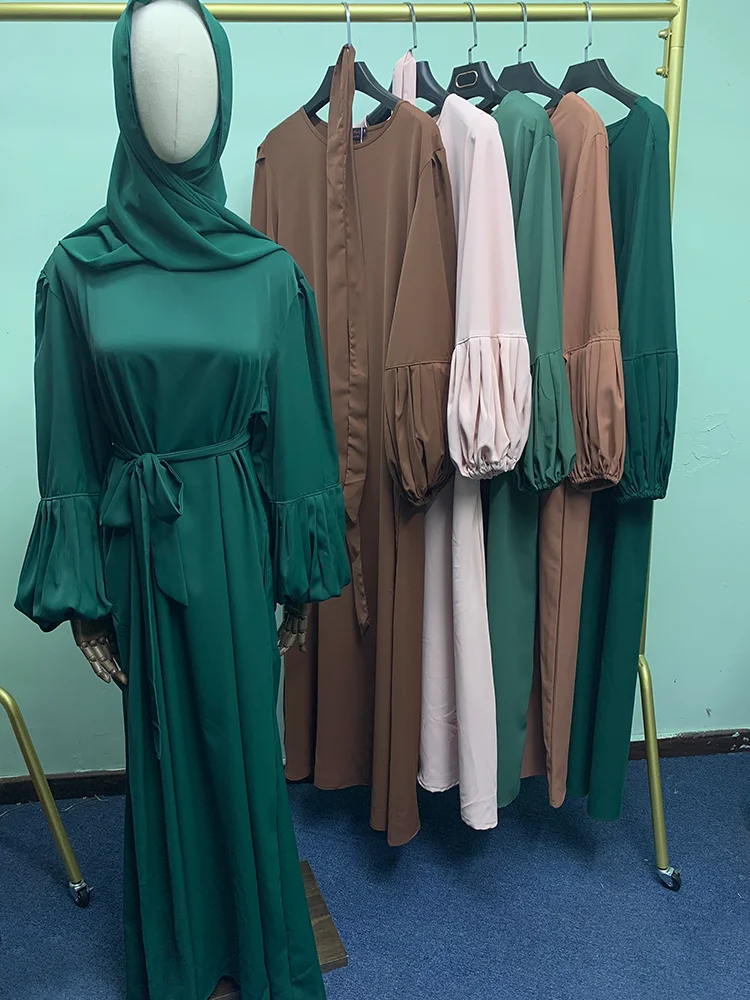 Abaya Dress 3 Piece Set Muslim Women Dress with Pockets Puff Sleeve 2023 Islamic African Dubai Kaftan Solid Color Long Dress