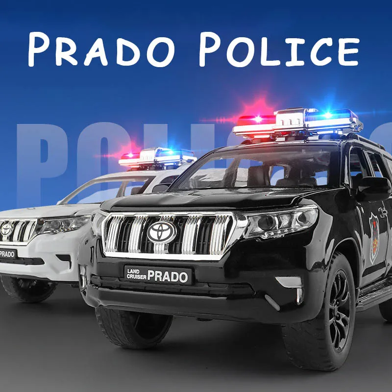 

1:32 Toyota Prado Police Alloy Diecasts SUV Car Model Toy With Sound Light 6 Doors Opened Pull Back Metal Vehicles Children Toy