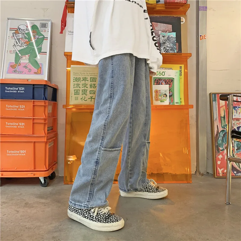 New Jeans Men's Brand Clothing Retro Korean Fashion Men Streetwear Loose Straight Wide-leg Cropped Pants Pantalon Homme  Casual
