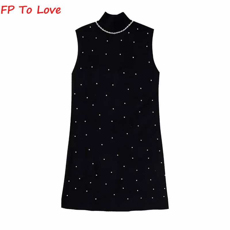 

Pearls Sequin Crystal Knitted Mini Dress Sleeveless Night Look Street Soft Black Chic Streetwear PB&ZA Woman Female 9598241