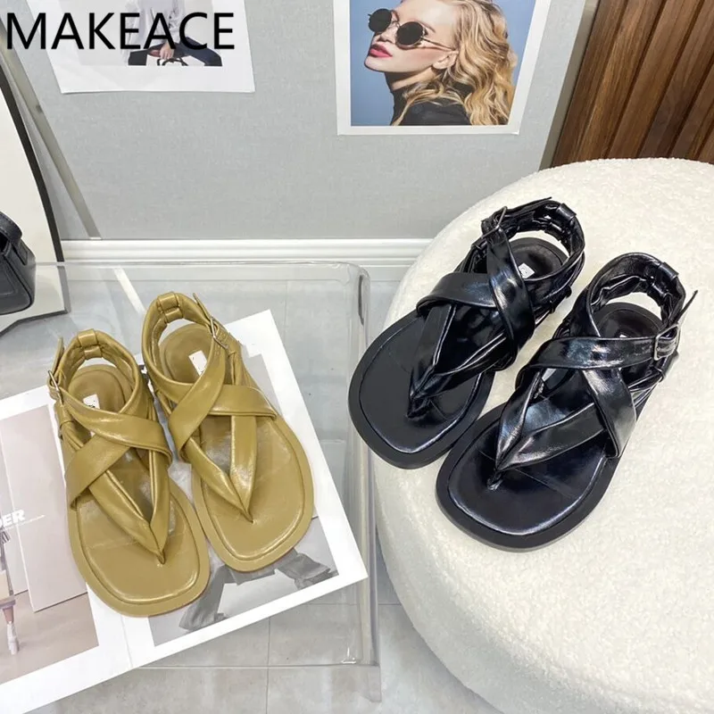 

Summer New Square Toe Flat Heels Real Leather Ladies Sandals Cross Strap Buckle Pinch Toe Sandals Women Gladiator Sandals 2022