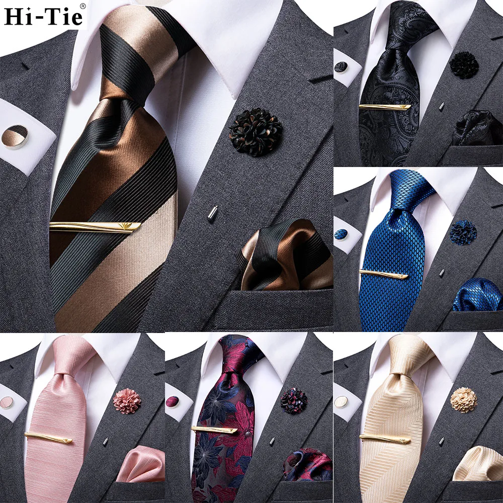 

Hi-Tie Business Brown Black Striped Tie For Men Silk Men's Tie Clip Boutonniere Hanky Cufflinks Set Gift For Men Luxury Necktie