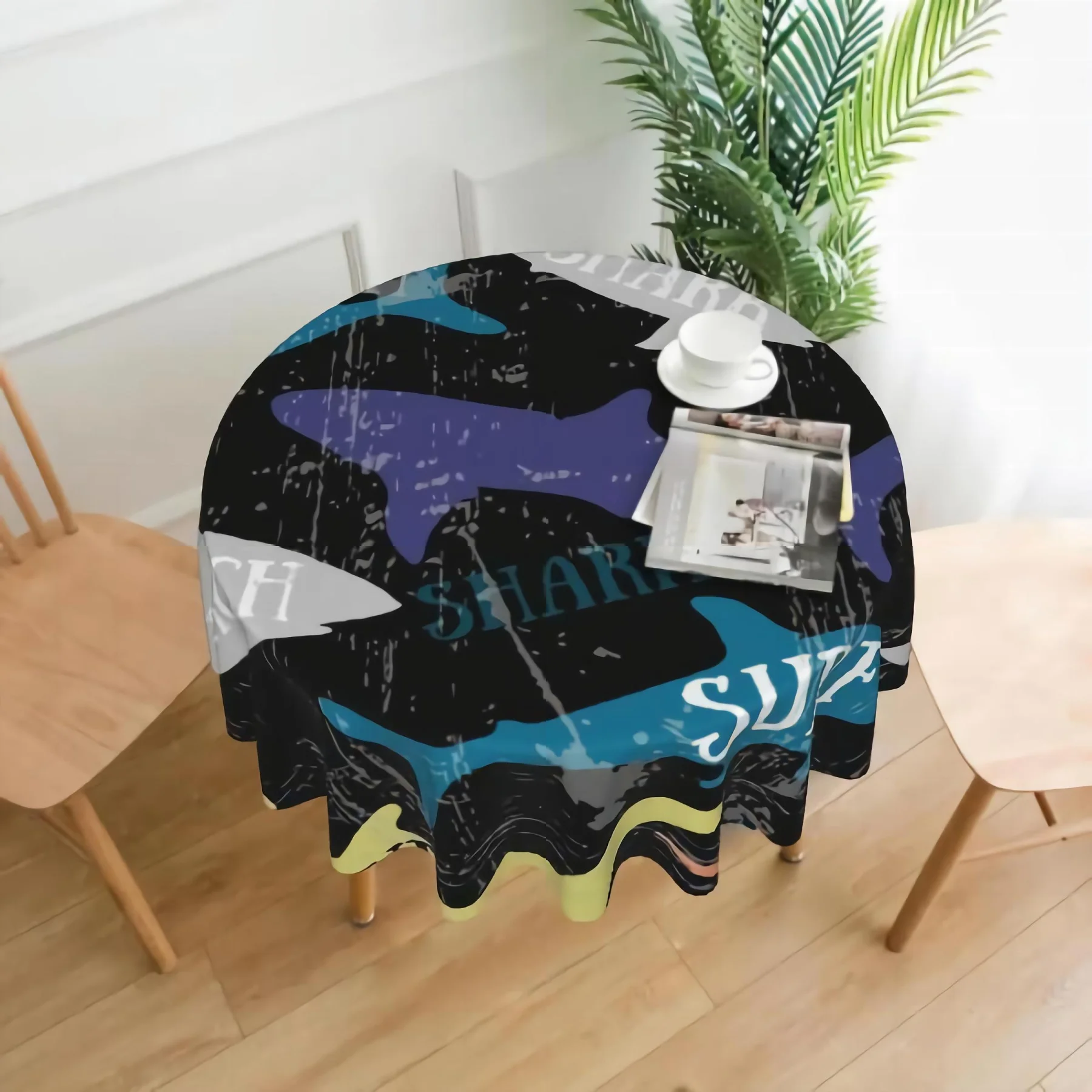 

Sharks Silhouettes Tablecloth Shark Print 60 Inch Round Table Cloth Polyester for Party Picnic Tabletop Dining Room Decoration