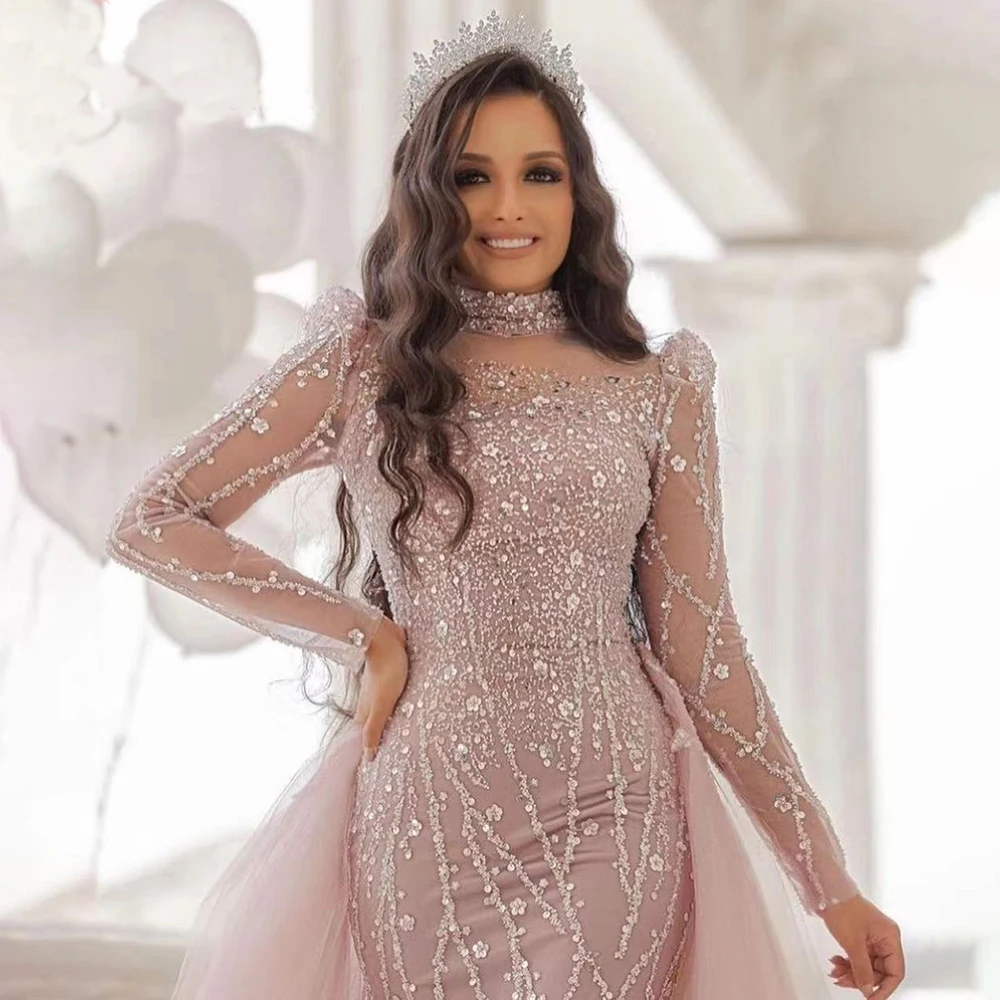 

Elegant Pink Muslim Mermaid Evening Dress for Women 2023 Long Sleeves High Neck Luxury Sequin Formal Prom Wedding Party Gowns