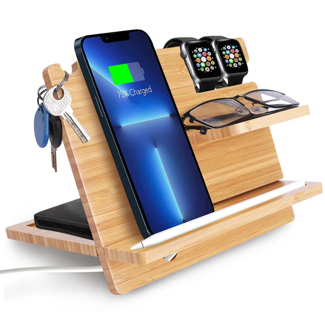

Bamboo Multiple Device Desktop Charging Dock Station Watch Organizer Key Holder for Watch,Pods,Pad,Smartphones,Tablets,Kindles…