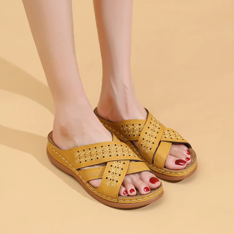 

Retro Embroidery Wedges Slippers Women Summer 2022 Cross Strap Open Toe Beach Sandals Woman Plus Size Platform Slides