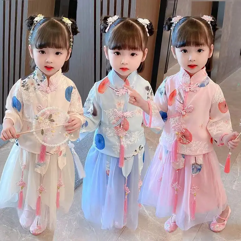 Girls Hanfu Summer Ancient Fairy Skirt Set Chinese Style Tang Dress New Girls Retro Western-style Two-piece Set