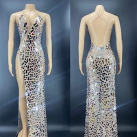spaghetti strap shining mirror sequins rhinestones chain backless sexy women long split dress evening party cloth stage costume