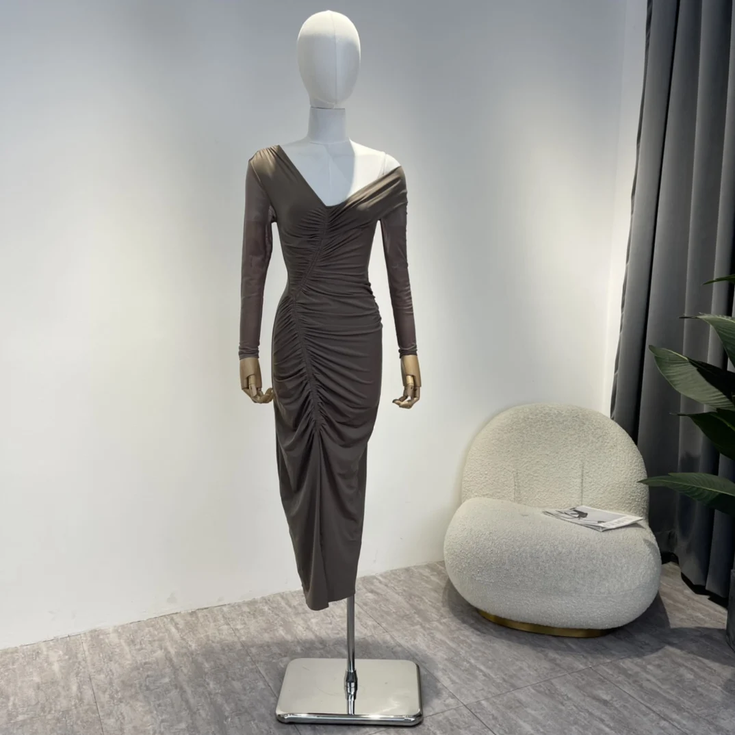 

Elegant 2022 Top Quality Texture Grey Bodycon Ruched Asymmetrical Off The Shoulder Midi Dresses Women